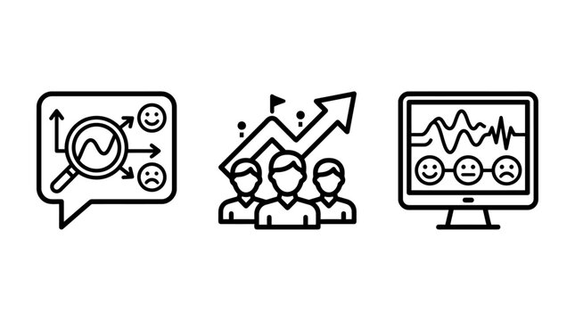 Business sentiment analysis and performance monitoring icons with sentiment analysis business performance monitoring feedback strategy research magnifier marketing customer consumer