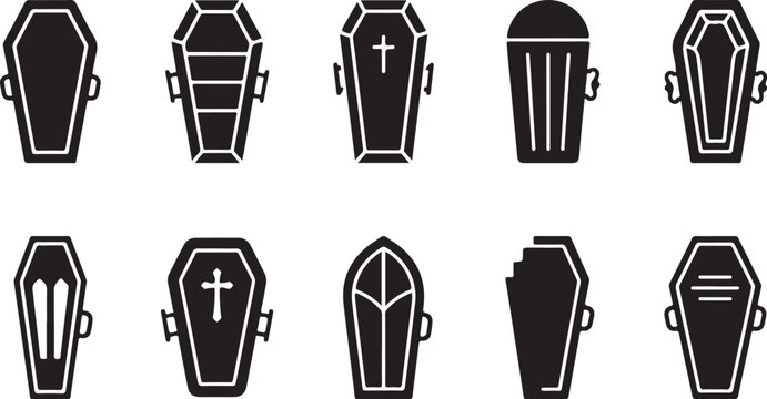Set of various coffin and casket silhouettes icons