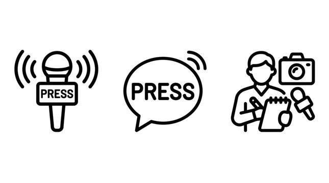 Journalism and media communications icon set with journalism microphone reporter broadcast interview communication announcement bulletin journalist photographer reporting information