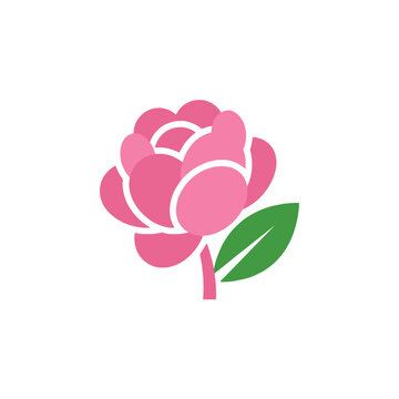 Stylized pink rosebud icon with green leaf, simple floral graphic element, vector illustration