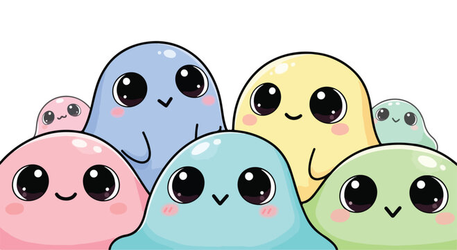 Kawaii pastel blob characters with cute faces, adorable colorful slime monster group vector, whimsical mochi creatures for kids design