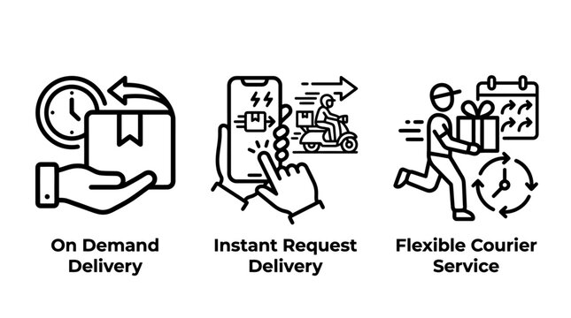On demand delivery and instant request courier icons with flexible package shipping services on demand delivery logistics shipping on-demand smartphone tracking transport flexible motorcycle