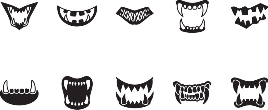 Set of monster mouths with sharp teeth and fangs