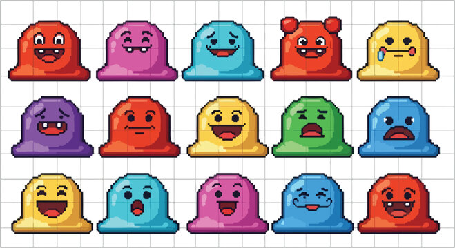 Pixel art slime monsters set, 15 colorful blob character icons with various facial expressions, retro gaming 8-bit style slime creatures vector