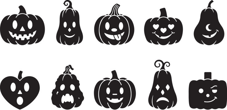 Set of ten halloween pumpkin silhouettes with various funny facial expressions