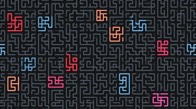 Digital labyrinth maze background with neon colored maze markers labyrinth abstract background seamless complexity challenge solution geometric structure illustration wallpaper repeating