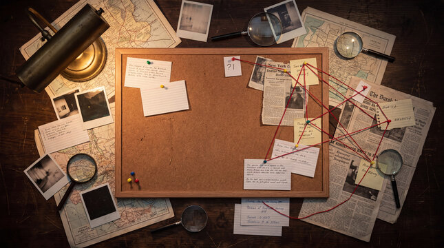 Detective Investigation Board With Photos Maps And Red String Connections