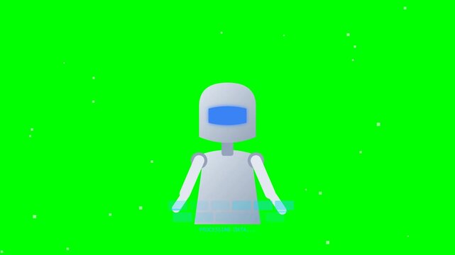 A robotic figure stands against a green screen with blue accents and a helmet.