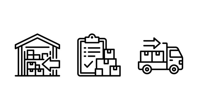 Warehouse storage and shipment dispatch line icon set featuring cargo loading and inventory documentation logistics warehouse shipping dispatch inventory clipboard delivery transport business