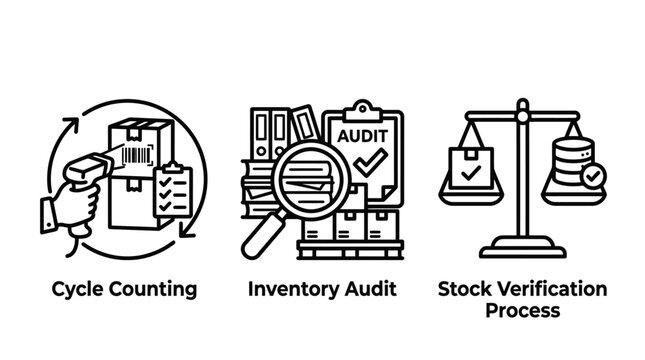 Cycle counting and inventory audit icons illustrating stock verification processes in warehousing with inventory counting verification warehouse logistics checking management business accuracy