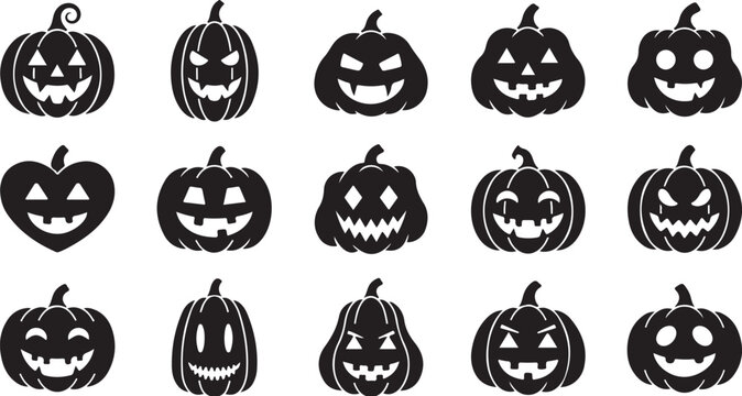 Set of halloween pumpkin silhouettes with various scary and funny faces