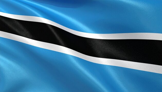 The Botswanan flag with light blue field, central black stripe bordered by white, symbolizing water, harmony, diversity, resilience, unity, and the proud national identity of Botswana.