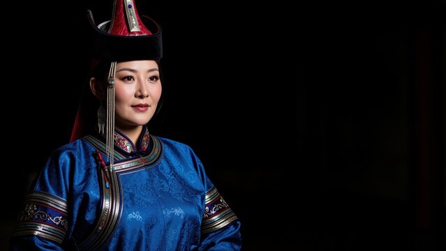 Mongolian Woman in Traditional Attire: A striking Mongolian woman adorned in a vibrant blue deel and ornate headdress gazes thoughtfully into the distance.
