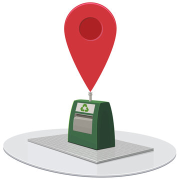 Green underground bin with a red location pin symbolizing eco navigation, localized waste sorting, smart city initiatives and sustainable environmental goals (cut out)