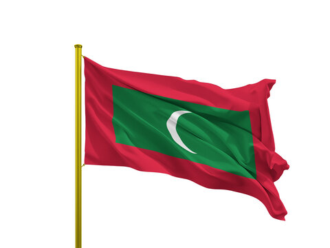 Maldives flag waving on a golden pole isolated on Transparent Background