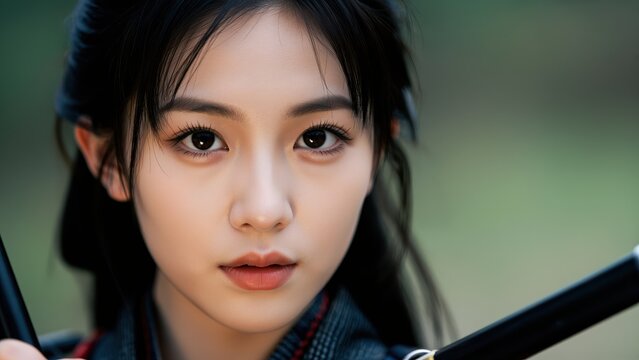 Warrior Woman's Gaze: A young woman with dark hair, dressed in traditional warrior attire, holds a sword with a determined expression, her gaze fixed on an unseen opponent.