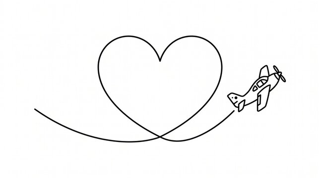 Cute minimalist line drawing of a propeller plane leaving a heart shaped smoke trail, romantic travel concept vector