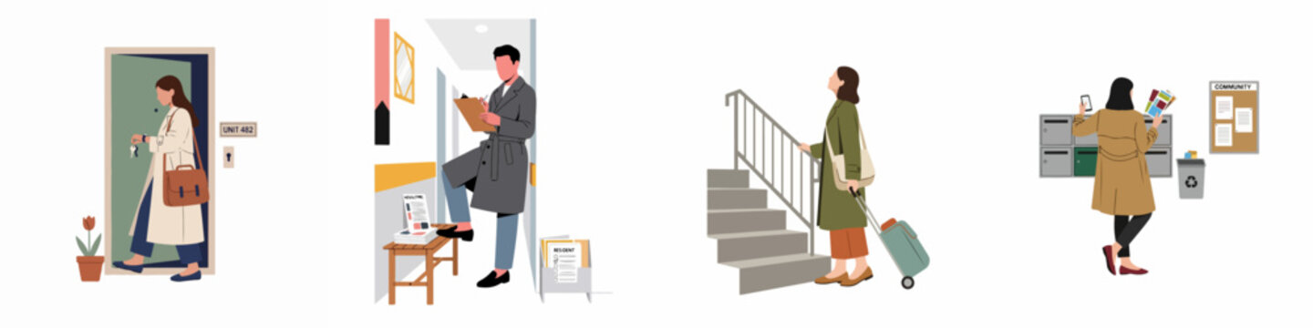 Flat vector illustrations of people in an apartment building, including residents checking mail, using the stairs, and entering their living unit.