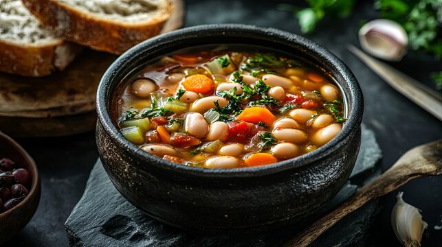 Hearty authentic greek fasolada white bean soup carrots celery rich broth dark rustic bowl healthy meal
