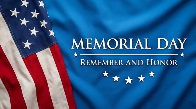 Waving American flag with Memorial Day tribute text, remember and honor, patriotic holiday background