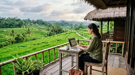 Fototapeta premium Woman Working on Laptop on a Wooden Balcony Overlooking Lush Green Terraced Fields
