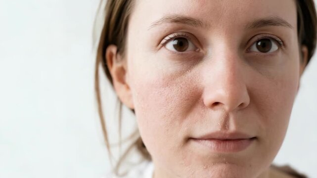 A woman demonstrates a skincare routine focused on dry skin. She applies products on her face in a bright, simple space. It is morning time and she shares tips