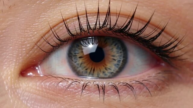 Macro shot of a human eye. Close up of a beautiful iris with long eyelashes.