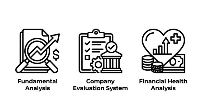 Business evaluation and fundamental financial health analysis icons set with analysis fundamental evaluation business document clipboard accounting auditing management investment strategy