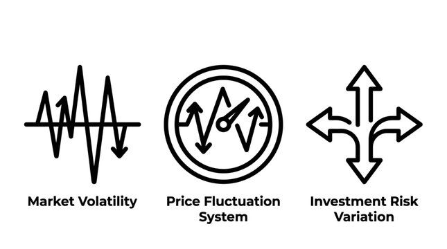 Financial market volatility and investment risk icon set with volatility fluctuation investment business analysis financial instability management uncertainty variation indicator valuation