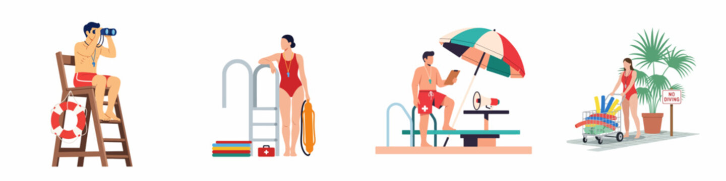 A set of flat vector illustrations featuring lifeguards performing various duties at a swimming pool with safety equipment and monitoring tools.