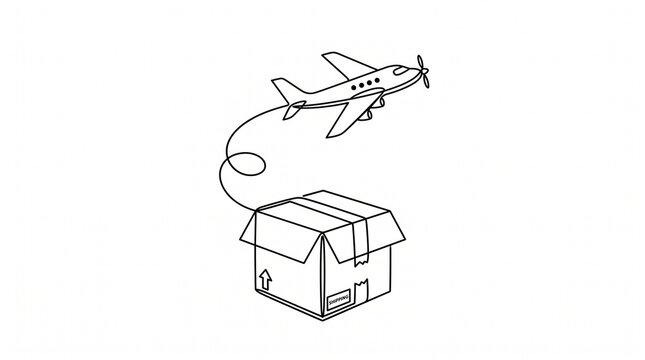 Minimalist line art illustration of a cargo airplane flying out of an open cardboard shipping box, global delivery and logistics icon