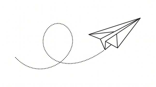 Minimalist line drawing of a paper airplane flying with a dotted loop path trail, creative startup and freedom concept vector