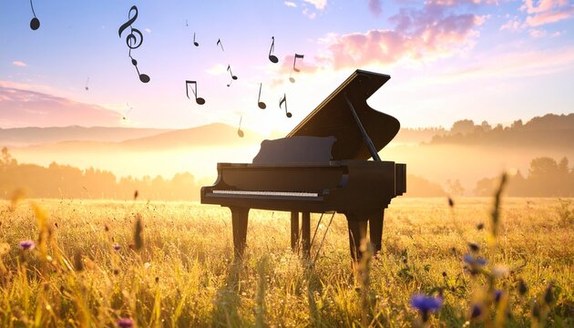Grand piano in grassy wildflower field beneath sunrise sky, musical notes floating upward, harmony of music and nature, serene inspiring landscape glowing with artistic beauty.