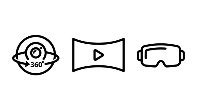 Virtual reality and 360 degree technology line icons with head mounted panorama technology immersive experience interactive entertainment simulation software streaming hardware development