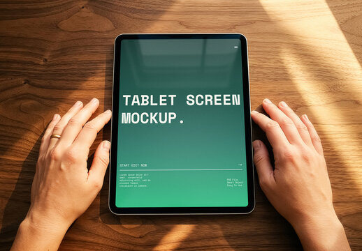Tablet Mockup On Home Workspace Wooden Table