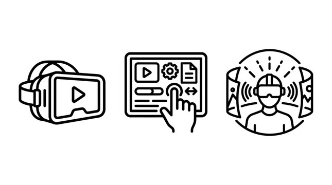 Vr digital interface and user experience technology line icons with interface technology experience playback settings software immersive graphics interactive development production platform