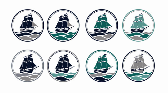 Set of Vintage Sailing Ship Badges, Nautical Logos, Marine Vector Icons