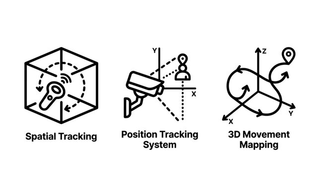 Technical icons for spatial tracking position systems and 3D movement mapping with tracking position movement coordinates geometry augmented location navigation technical engineering