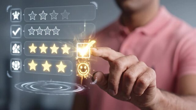 Customer Feedback Experience with Man Selecting Four-Star Rating on Digital Interface for Business Reviews.