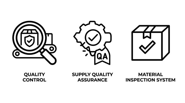Quality control and assurance icons: inspection supply chain material check with line art assurance inspection material verified approved magnifying conveyor manufacturing industry workflow