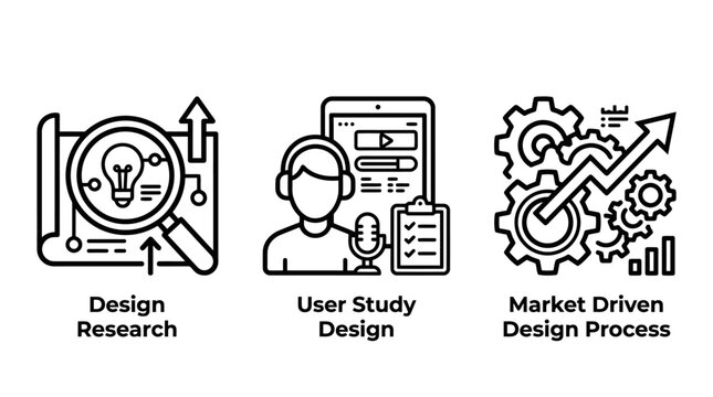 Design research user study and market driven business process optimization line icon collection with research business feedback analysis management strategy development customer improvement