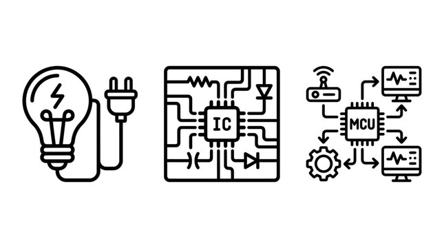 Electronic components and circuit board icons featuring light bulb integrated circuit microcontroller unit electronic microcontroller integrated components technology hardware electricity
