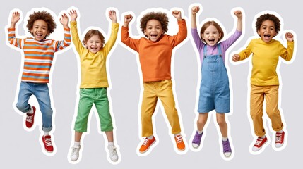 Obraz premium Diverse group of happy children jumping with arms raised in excitement
