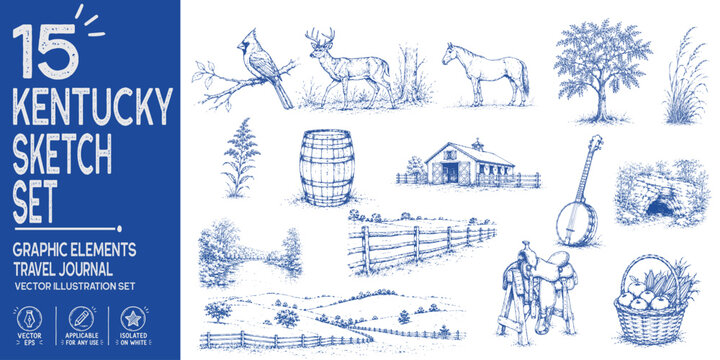 Kentucky travel journal collection. Hand drawn Bluegrass heritage elements. Thoroughbred horse, Mammoth Cave, horse barn, bluegrass hills, bourbon barrel. Trendy sketch vector set