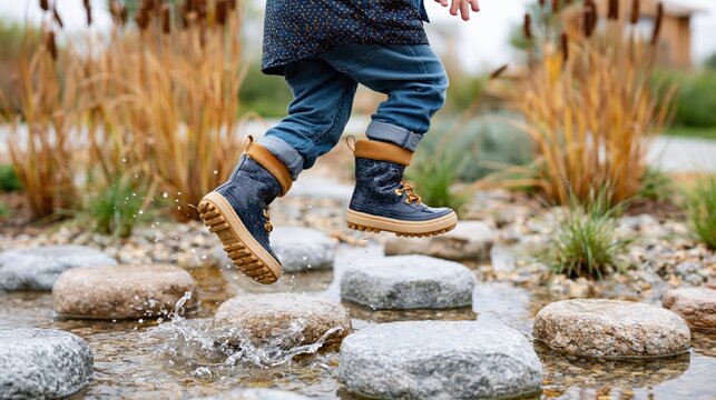 Child in boots jumps over stepping stones in a shallow stream