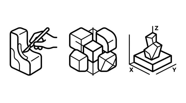 Sculpture carving hand carving 3D modeling and axis orientation icons with sculpture modeling creative dimension sculpting geometry cartesian production manufacture technical structure