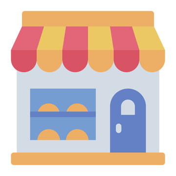 bakery shop flat icon. storefront building with awning and display window. French bakery business and store