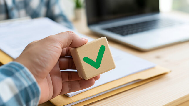 Man holding wooden block with green check mark over documents and laptop computer on desk.