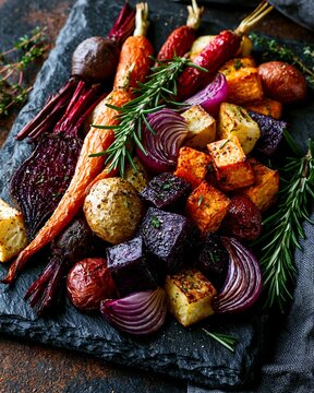 Colorful Roasted Root Vegetables with Herbs on a Dark Slate Platter
