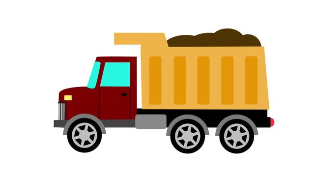 2D cartoon dump truck carrying dirt driving forward against an isolated white and green screen background.